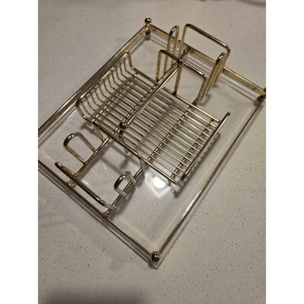 Vintage MCM Gold Tone Metal & Lucite MAKE-UP Silverware Buffett Caddy Tray